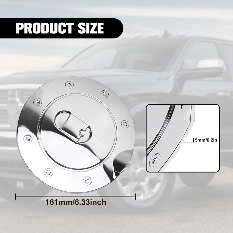Chrome Fuel Tank Cap，Gas Door Cover for 2009–2017 Dodge Ram