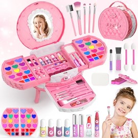 PERRYHOME 57 PZS Maquillaje para Niñas, Kit de Maquillaje Lavable Real, Juguetes para niñas, Princesa Juego de Simulación No Tóxico, Regalos de Cumpleaños y Navidad para Niñas 3+ (Rosado)