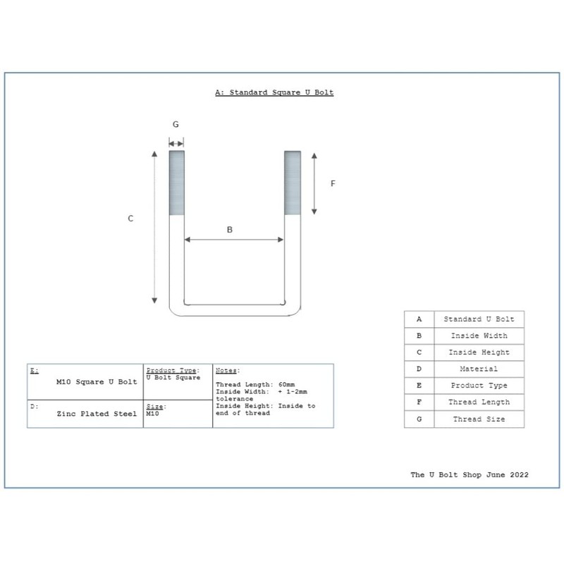 U Bolt Square M10 55mm Inner Width x 200mm Length