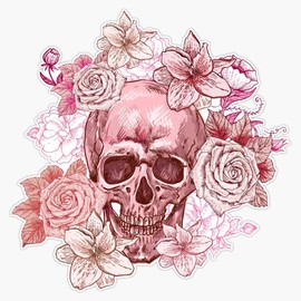 Pink Skull and Flowers Bumper Sticker Vinyl Decal 5"