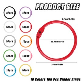 100PCS Metal Binder Book Rings, Colourful Ring Binder Clips for Flashcards, 30mm Loose Leaf Binder Rings, Flash Card Rings