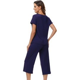 WiWi Woman Short Sleeve Top with Capris Pants Sets Soft Loose Pajamas Set Casual-Viscose from Bamboo S-XX, Navy, Large