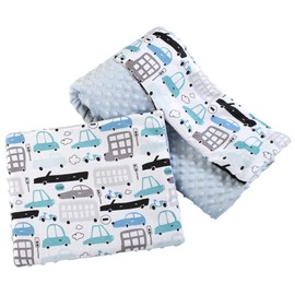 Medi Partners Baby Blanket Crawling Blanket with Cushion 100% Cotton Minky Children's Blanket Large Double-Sided 75 x 100 + 35 x 30 cm Multifunctional for Bed Pushchair (Cars with Light Blue Minky)