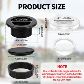 2 Patio Table Umbrella Hole Ring Plug Sets, Outdoor Parasol Cover Insert for Yard, Garden, Pool, Camping (Clear, Black)