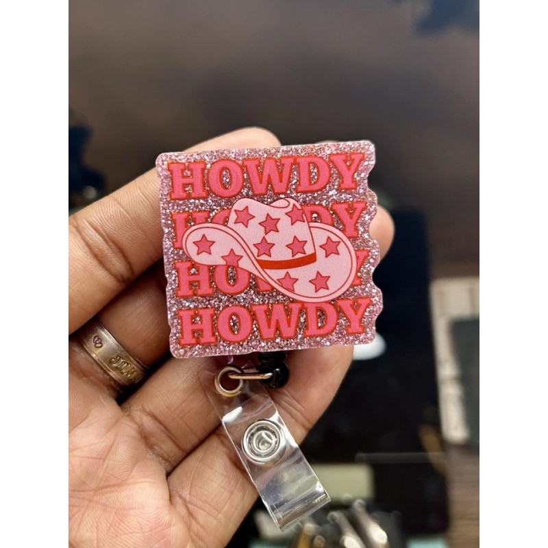 Howdy Country Theme Badge Reel Pink Glitter Gift For Nurses