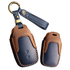 ontto Car key fob cover fit for Toyota Corolla Cross Yaris GR Cross Hybrid CHR RAV4 Prius Hilux leather key holder handmade contrast color Shell case keyring keychain Accessories 2 buttons Blue B