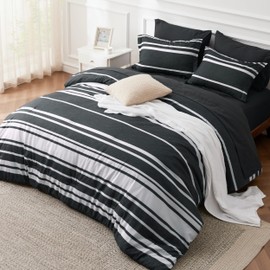 Bedsure Full Comforter Set 7 Pieces, Black Striped Bedding Set for All Seasons, Reversible, Cationic Dyeing Bed in a Bag with Comforter, Sheets, Pillowcases & Shams