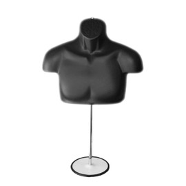 Black Male Mannequin Chest Long Hollow Back Body Torso Set w/ Metal Stand with Metal Pole & Hanging Hook, S-M Size (1)