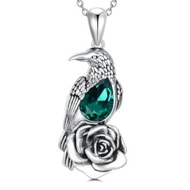 Lattd Raven Necklace with Crystal 925 Sterling Silver Rose Flower Crow Pendant Jewelry for Men, Sterling Silver, Crystal