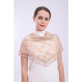 Cilkus Lace veil Mantilla veil Shawl or Scarf Latin Mass Head Cover with Fringed lace (Champagne)