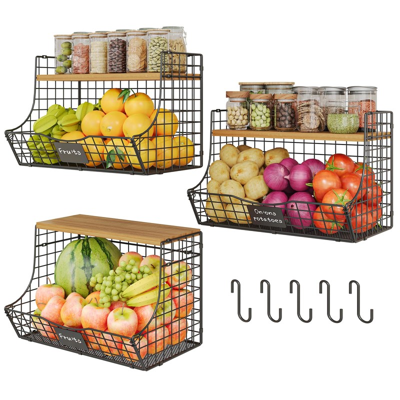 Extra Large Fruit Basket for Kitchen with Wood Lid Nameplate