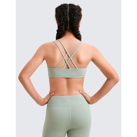 CRZ YOGA Softness Mold Girls Butterluxe Sports Bra - Double Spaghetti Strappy Scoop Neck for Training Yoga Dance Teens Kids Green Palm Court Large