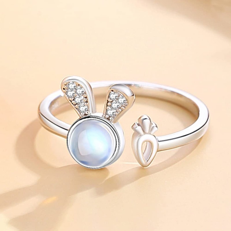 K.L.Y Women's Ring, Popular, Rabbit, 925 Silver, Cubic Zirconia, Moonstone,