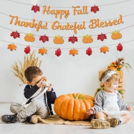 Fall Decorations Happy Fall Thankful Grateful Blessed Banner Glitter Pumpkin Maple Leaves Hanging Banner Orange Red Thanksgiving Garland Banner for Autumn Harvest Party Wall Decor Supplies