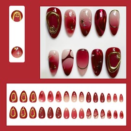 BMKKOT 24Pcs Gradient Red Almond Press On Nails Short Acrylic Nails 3D Texture Gold Star Full Cover False Nails Y2K Punk Artificial Glue On Nails