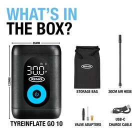 RING TYREINFLATE GO 10 Compact Cordless Tyre Inflator with Three Piece Adaptor Kit - Measures in PSI, BAR and kPA