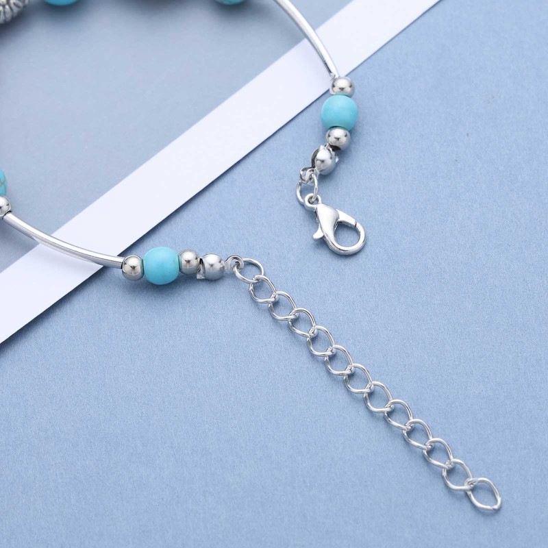 Inateannal Boho Turquoise Cross Drop Bracelet Turquoise Beads Bracelet Silver