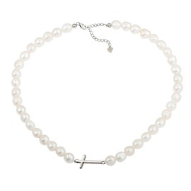 925 Sterling Silver Sideways Cross Charm Freshwater Cultured White Baroque Pearl Necklaces