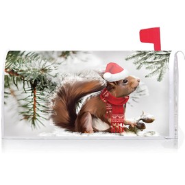 Texupday Winter Cute Red Scarf Squirrel Decoration Mailbox Cover with Magnetic Strip Christmas Mailbox Wraps Post Letter Box Cover Standard Size 21" X 18" Garden Outdoor Yard Decor