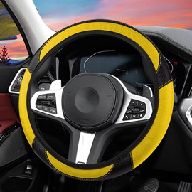 Bittwee Car Steering Wheel Cover, Anti-Slip PU Leather & Carbon Fiber Steering Wheel Protector, Universal 14.5-15 Inch, Automotive Interior Accessories, Fit for Most Cars SUVs