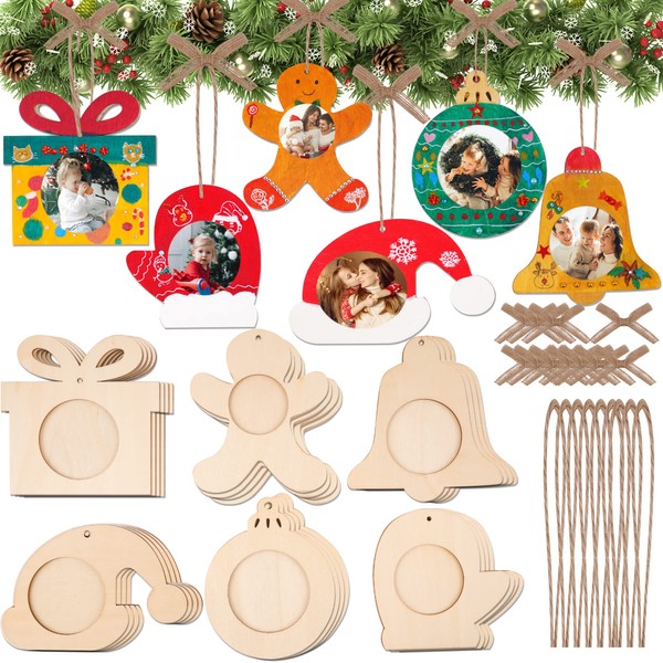 Shitailu Christmas Photo Frame Ornaments, DIY Unfinished Wood Picture Frame Ornaments Craft, Xmas Themed Frame Kits for Kids, Painting Decor Holiday Party Projects Activities