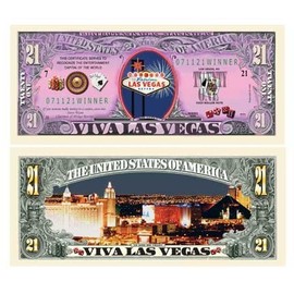 Las Vegas "Sin City" Gambling "21" Dollar Bill With Bill Protector