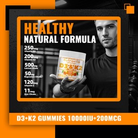 Sugar-Free Vitamin D3 K2 Chews with Calcium + K2 (MK-7), Magnesium Citrate, Vitamin C, Extra Strength - Ultimate Absorption for Bone Muscle Teeth Immune, Vegan - 60 Count-Orange Flavor
