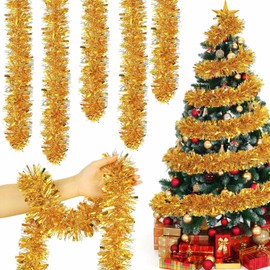 XIKTTK Christmas Tinsel Garland, 5 x 2 m Christmas Garlands, Shiny Garland Christmas, Christmas Wreath, Fir Garland, Christmas Decoration for Door, Stair Railing, Christmas Decoration (Gold)