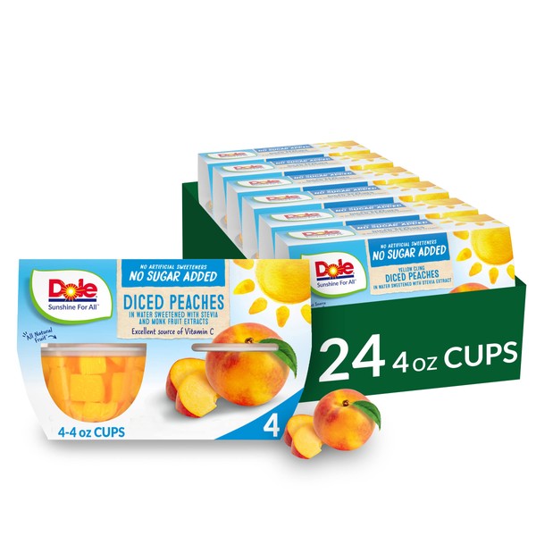 Dole Fruit Bowls Diced Peaches No Sugar Added, Back To School, Gluten Free Healthy Snack, 4oz, 24 Total Cups