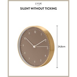 LUUK LIFESTYLE 10” Wall Clock with Silent Movement, Minimalist Scandinavian Design, Without Ticking, Kitchen Clock, Living Room, Bedroom, Hallway, Housewarming Present, Brown