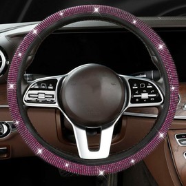 Steering Wheel Cover for Women Bling Crystal Diamond Sparkling Steering Wheel Covers with Coaster Interior Accessories Universal Fit 14"-15" Anti-Slip Steering Wheel Protector (Pink)