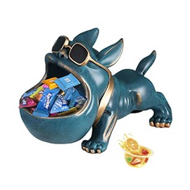 Key Bowl for Entryway Table and Candy Bowl Dish for Office Desk Funny Coffee Table,Pug French Bulldog Statue Retro Blue Resin Statues for Home Decor as Gifts with a Storage Big Mouth Dog