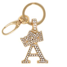 CBC Crown Crystal Rhinestone Letter Initial Keychain, Gold Metal, Bag Charm with Key Ring Approx. 1.25"x1.75" (GOLD-A)