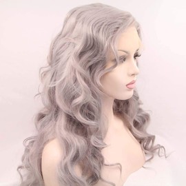 Melody Long Wavy Wigs Silver Grey Wigs Synthetic Lace Front Wigs Ash Platinum Wigs Long Wigs Heat Resistant Fiber Hair Wigs Middle Parting Wigs