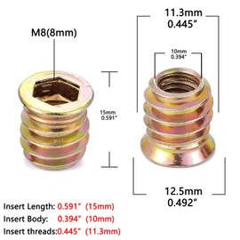 PGMJ 80 Pcs M8 Wood Nut Inserts - Metal Screws Assortment Hex Socket Drive Threaded Inserts, Metric Bolt Fastener Connector for Wood Working Tools and Accessories (M8x15mm)