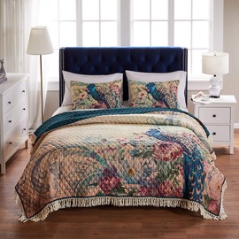 Greenland Home Luxury Microfiber Quilt Set, Ultra-Soft, Silken Brushed, Lightweight & Breathable, Wrinkle-Resistant, Extreme Value Reversible Bedding, 3-Piece King/Cal King, Eden Peacock