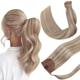 Hetto Human Hair Ponytail Blonde Hair Extension Ponytail Ash Blonde with Bleach Blonde Ponytail Extensions Human Hair Pony Tails Extensions Real Human Hair 18/613Blonde 14inch 70g