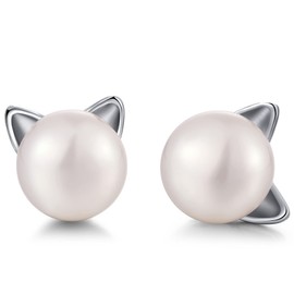 jiamiaoi Cat Stud Earrings for Women/Girls - 925 Sterling Silver and 7.5 mm AAA+ Freshwater Pearls (Supplied in Gift Box), Silver