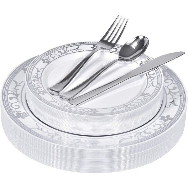 125 Piece Plastic Dinner Set - Silver Floral Plastic Dinner Plates, Salad Plates, and Cutlery - Serve 25 Guest For Parties, Holiday, Catering And More