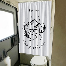 Careyoungs RV Shower Curtains Forest Mountain Happy Camper, Cloth Fabric RV Bathroom Decor Curtain Sets with Hooks 47WX64H Inches (White)