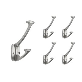 LONHECAN Brushed Satin Nickel Hooks Wall Mounted Decorative Solid Heavy-Duty Coat Hooks for Towels,Coats,Robes,Towels,Bag Behind The Door,Bathroom Wall Hooks (5 Pack)