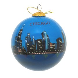 Hand Painted Glass Christmas Ornament - Chicago, Illinois Skyline Dusk