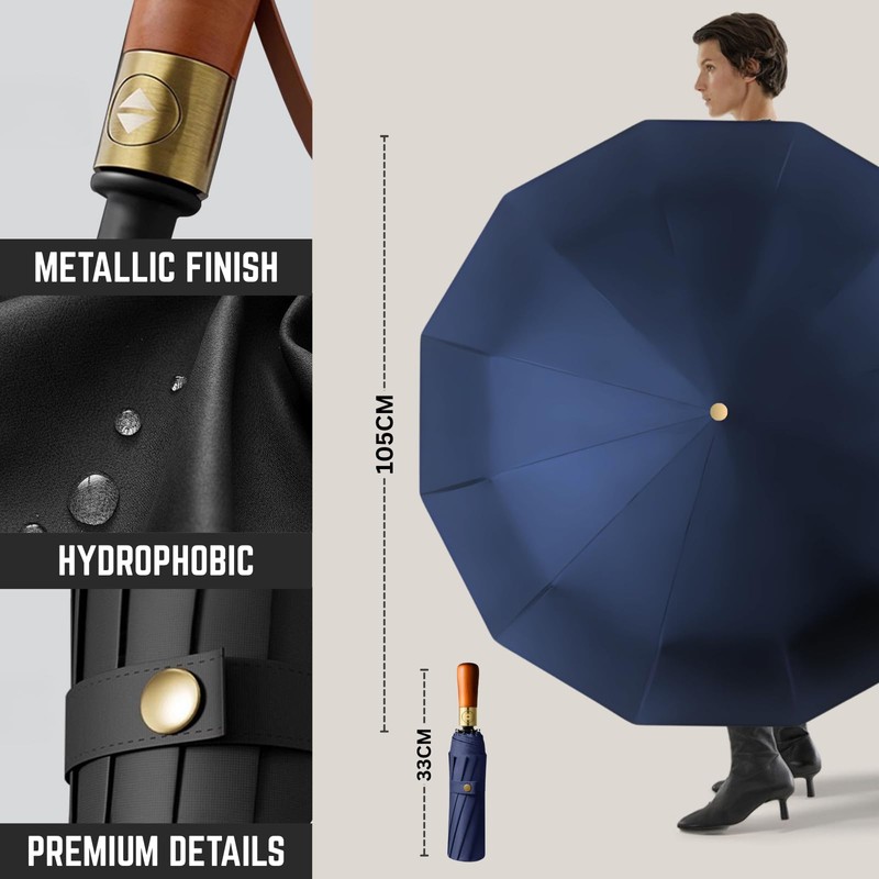 Windproof 12-Rib Auto-Opening Umbrella with Wooden Handle ? Compact Folding