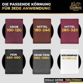 CasaBena® - Set of 6 sanding fleece for wood, metal, varnish and stainless steel - made in Germany - sandpaper and sanding pads, 5 pads with grits [100-1000] + 1 cleaning fleece without grain 150 x
