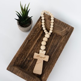 RUIRUICO Wood Bead Garland with Blessed Cross, Blessing Beads with Cross, Prayer Beads for Baptism Gifts, Cross Decor for Home Door Knob, Tiered Tray, Shelves, Wall Decor,Tassel