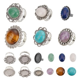 SUNNYCLUE 6Pcs 6 Styles Adjustable Blank Flower Cabochon Ring Connector Cabochon Bezel Settings with 6pcs Round Oval 18mm/28mm Gemstone for DIY Ring Making