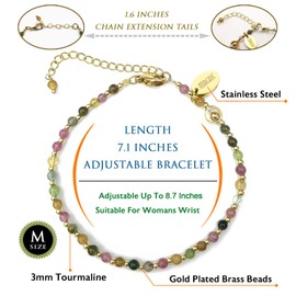 Morchic Colorful Tourmaline Natural Gemstone Adjustable Bracelet for Women, 3mm Mini Beads Energy Gem Charm Jewelry, Birthday Gift 7.1"