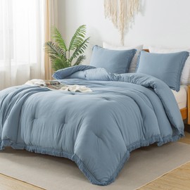 Andency Grayish Blue Comforter Set Queen Size, 3 Pieces Boho Tassel Lightweight Bedding Comforter Sets, All Season Soft Fluffy Fringe Bed Set (90x90In Comforter & 2 Pillowcases)