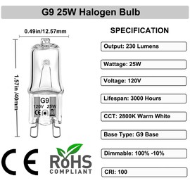 Vannise G9 Halogen Bulb 25 Watt-10 Pack Long Lasting G9 Bulb 25W 120V, Halogen Bulbs 2 Pin G9 Dimmable 2800K Warm White, High Output G9 Light Bulb with G9 Base for Chandelier,Range Hood Light