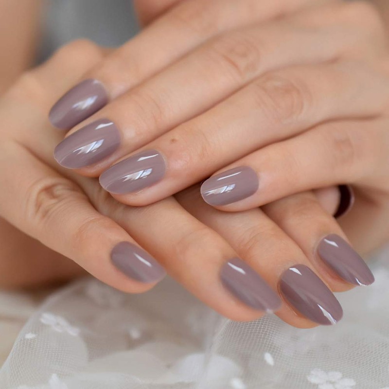 Medium Length Glossy Oval Fake Nails Light Purple Grey Press